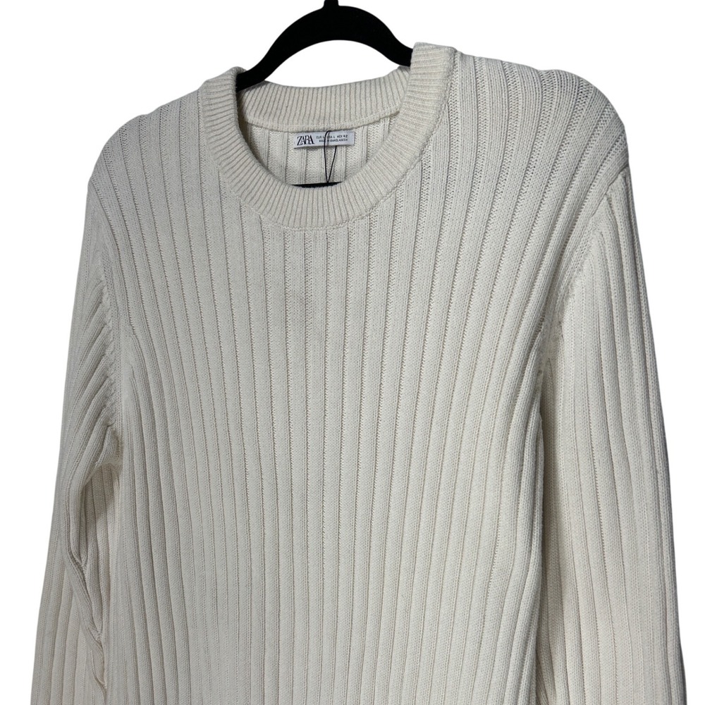 Zara Ribbed Knit Crewneck Sweater Off White Cream Long Sleeve Size Large NWOT